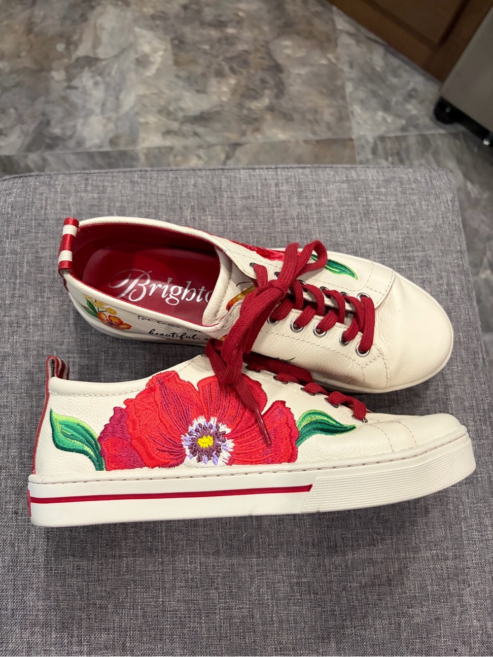 Brighton Margot Lace-up Sneakers vibrant red embroidered floral design size 8